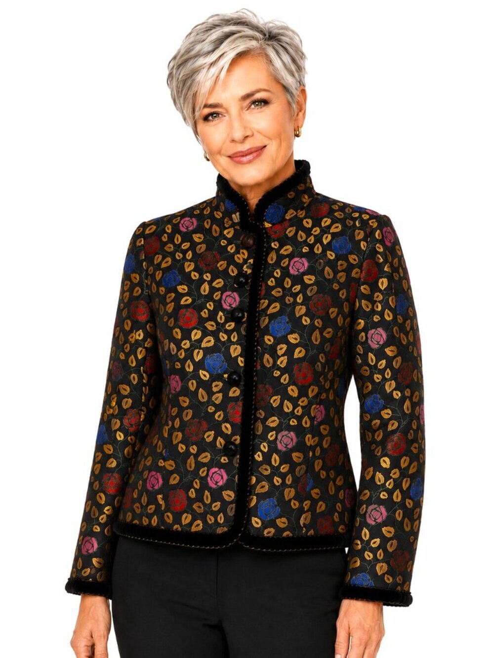 Vintage Doncaster Black Velvet Trim Floral Brocade Gold Leaf Jacket